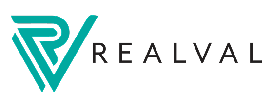 RealVal logo with stylized teal 'RV' design and black text on a transparent background.