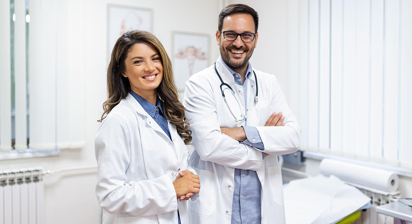 Two smiling doctors in white coats stand confidently in a bright medical office.