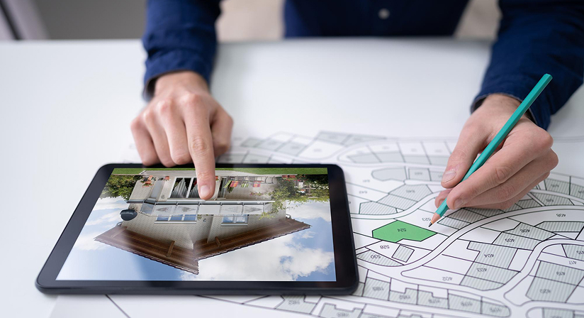 Man plans real estate development using tablet and blueprints at desk.