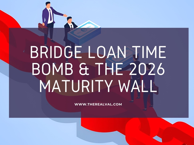 Image showing businessmen with briefcases on a red bridge link, text: Bridge Loan Time Bomb & the 2026 Maturity Wall.