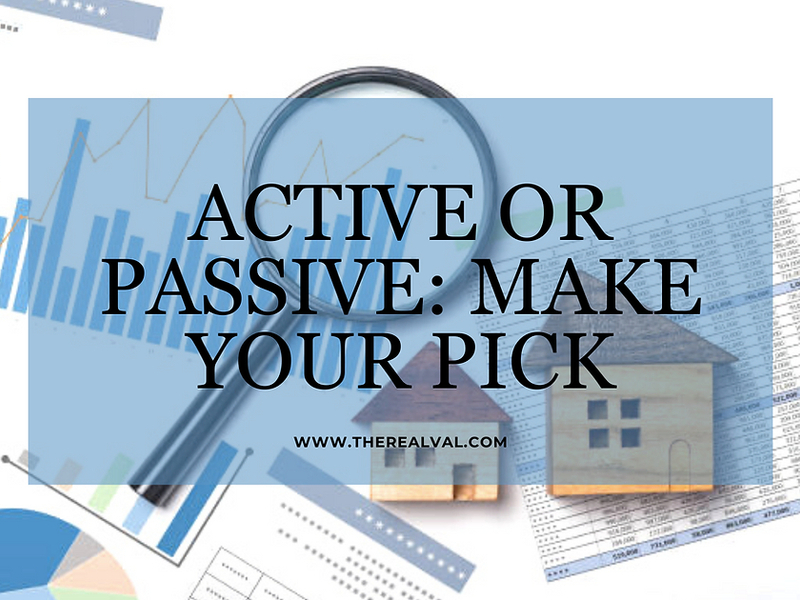 Active or Passive investment choice, magnifying glass with charts and house models in background.