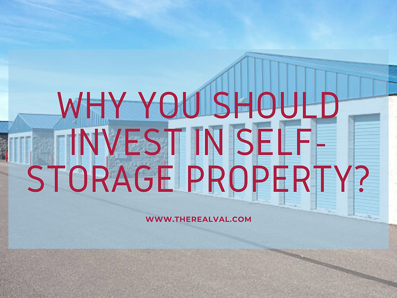 Invest in self-storage property, benefits highlighted against storage units with blue roofs and doors.