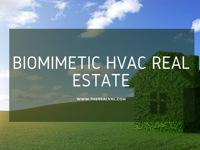 Biomimetic HVAC Real Estate text on nature-inspired background featuring a house-shaped hedge.