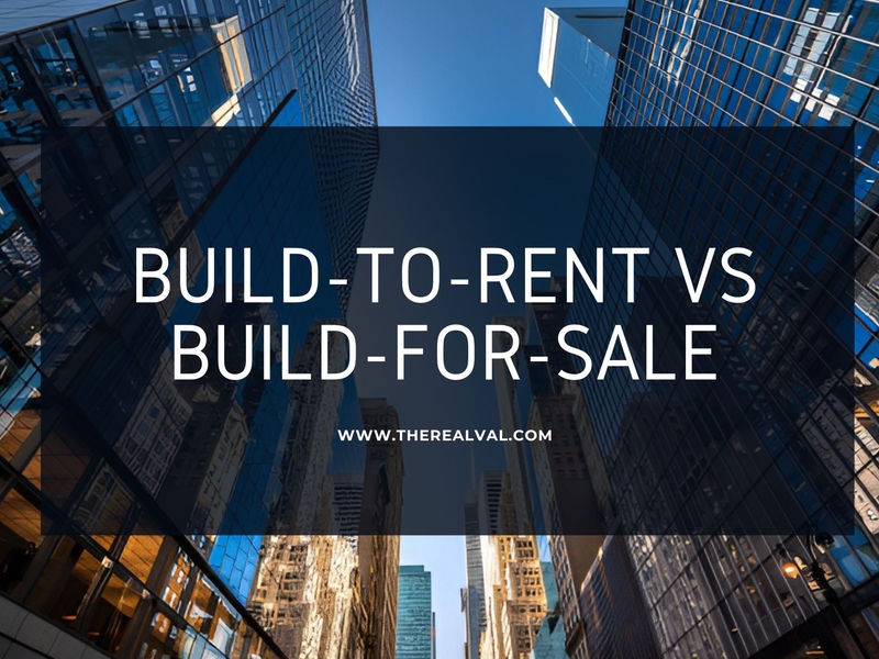 Skyscrapers with text Build-to-Rent vs Build-for-Sale reflecting real estate investment options.