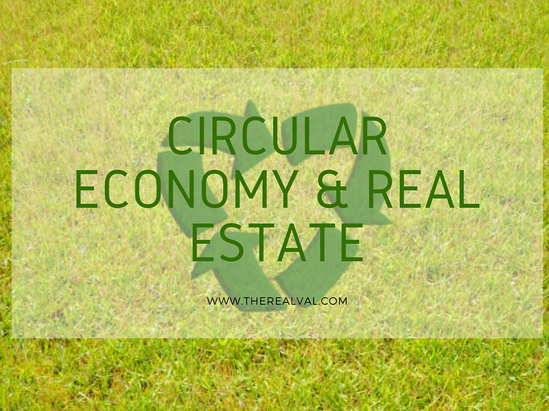 Circular economy concept in real estate with green grass background and recycling symbol.