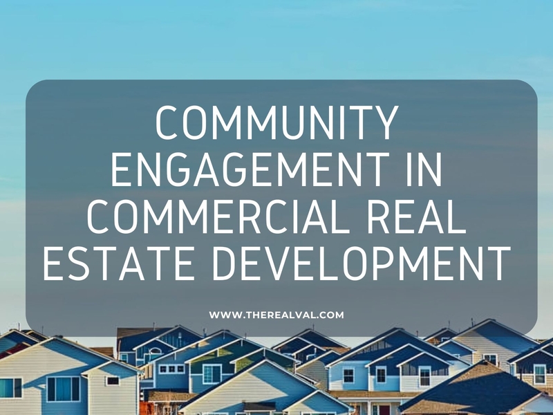 Community engagement in commercial real estate development overlaid on suburban neighborhood background.