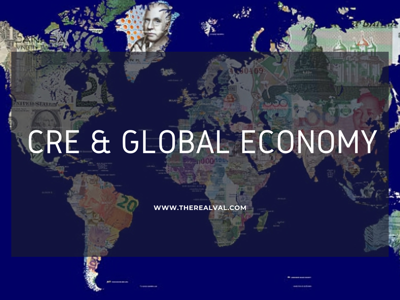 World map with currency patterns and text CRE & Global Economy, highlighting financial connections.