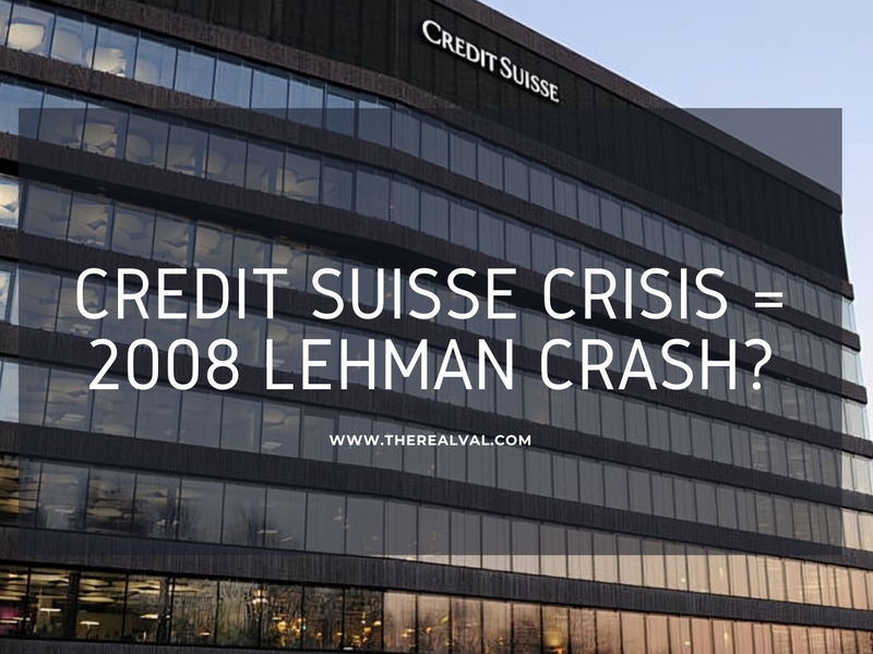 Credit Suisse building with text questioning if its crisis is similar to the 2008 Lehman crash.