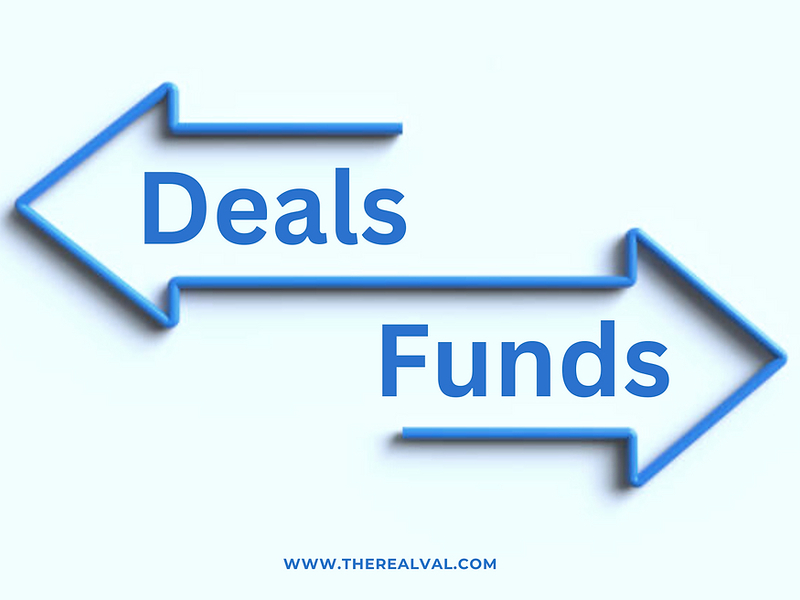 Two blue arrows pointing opposite directions, labeled Deals and Funds. Website text: www.therealval.com.