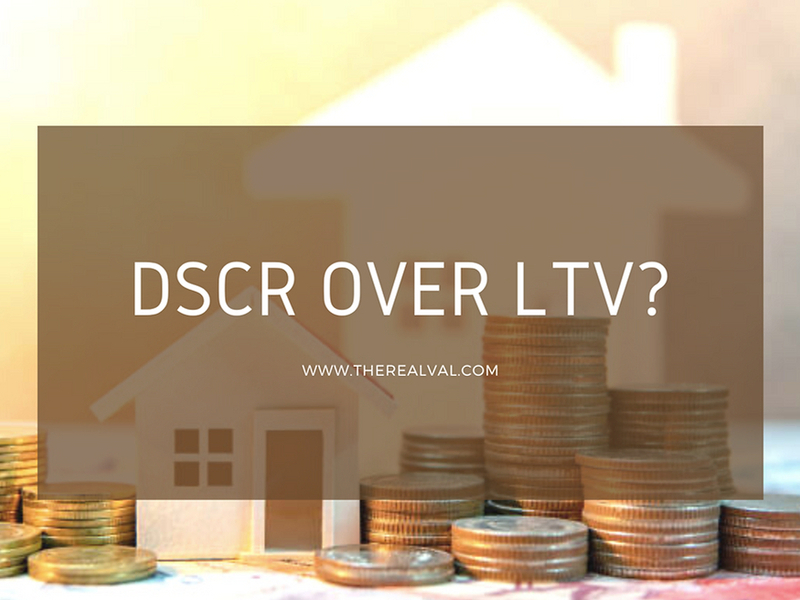 Coins stacked in front of a house cutout with DSCR OVER LTV? text overlay for financial decision context.