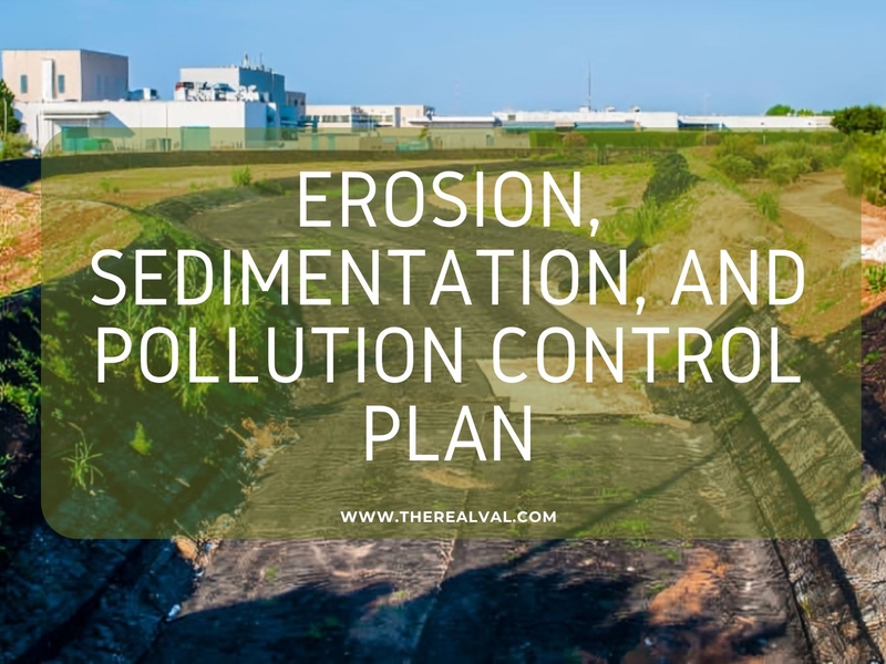 Erosion, sedimentation, and pollution control plan text over landscape background.