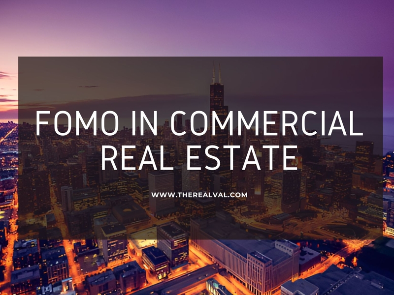 FOMO in Commercial Real Estate: Cityscape Background, Text Overlay, TheRealVal.com.