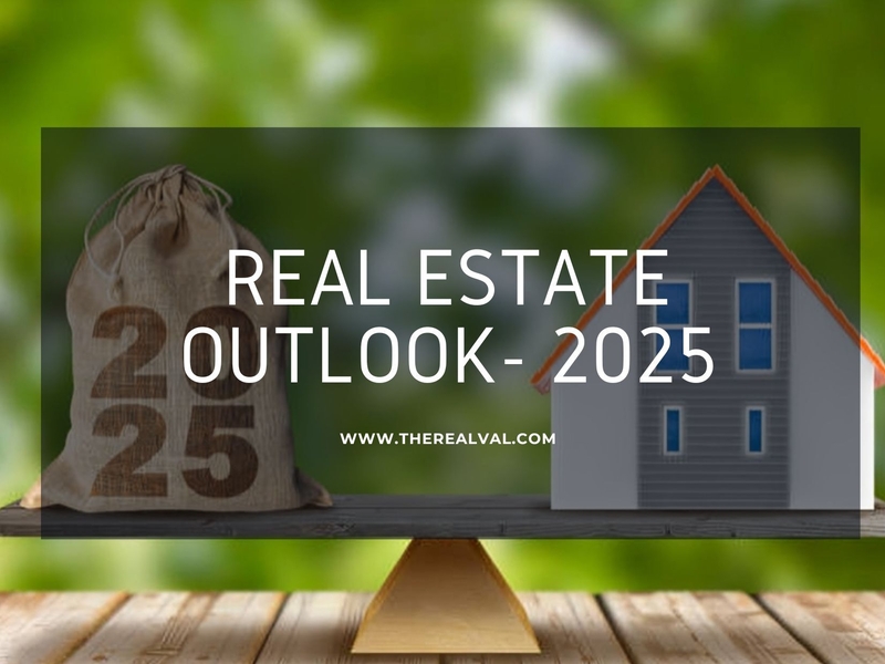 Real Estate Outlook 2025: Balance scale with house model and 2025 bag in blurred green background.