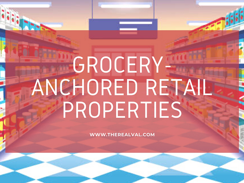 Grocery-anchored retail properties with shelves of products, promoting TheRealVal.com investment insights.