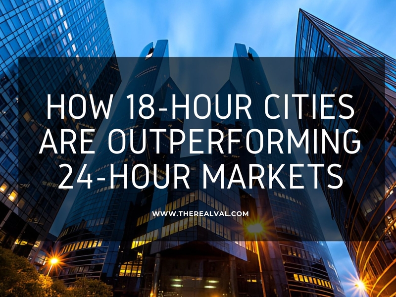 Skyscrapers view with text: How 18-Hour Cities Are Outperforming 24-Hour Markets against sunset sky.