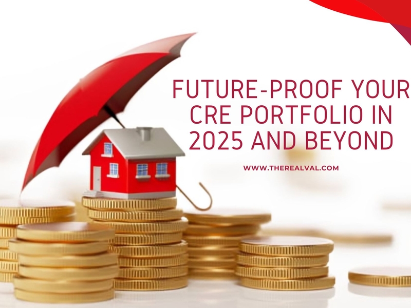 Red house on coins under umbrella, text Future-Proof Your CRE Portfolio in 2025. Protect and grow investments.