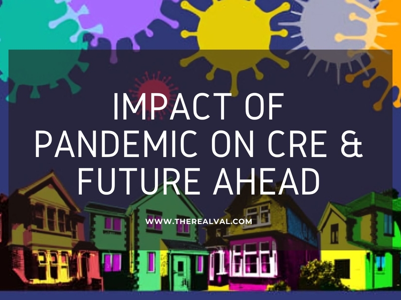 Colorful houses with virus icons, text: Impact of Pandemic on CRE & Future Ahead.