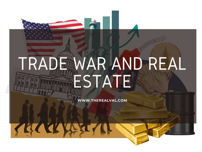 Collage of economic symbols: US flag, Capitol, gold bars, oil barrel, analyzing trade war and real estate impact.