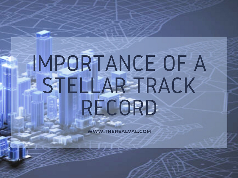 Skyline graphic with text: Importance of a Stellar Track Record on a city map background.