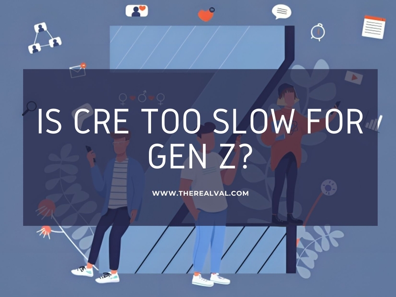 Illustration questioning if commercial real estate meets Gen Z's pace. Content from therealval.com.