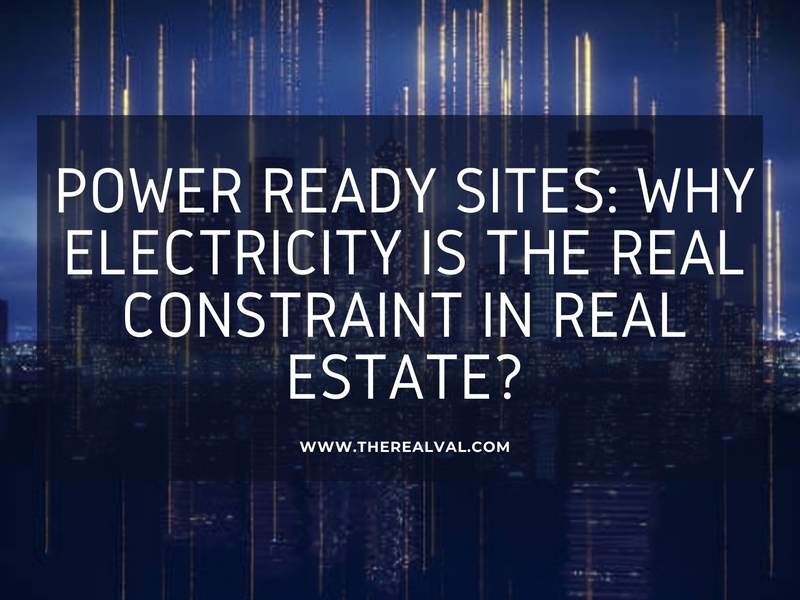 Power in real estate: electricity's role. Text overlay on cityscape. Visit therealval.com for insights.