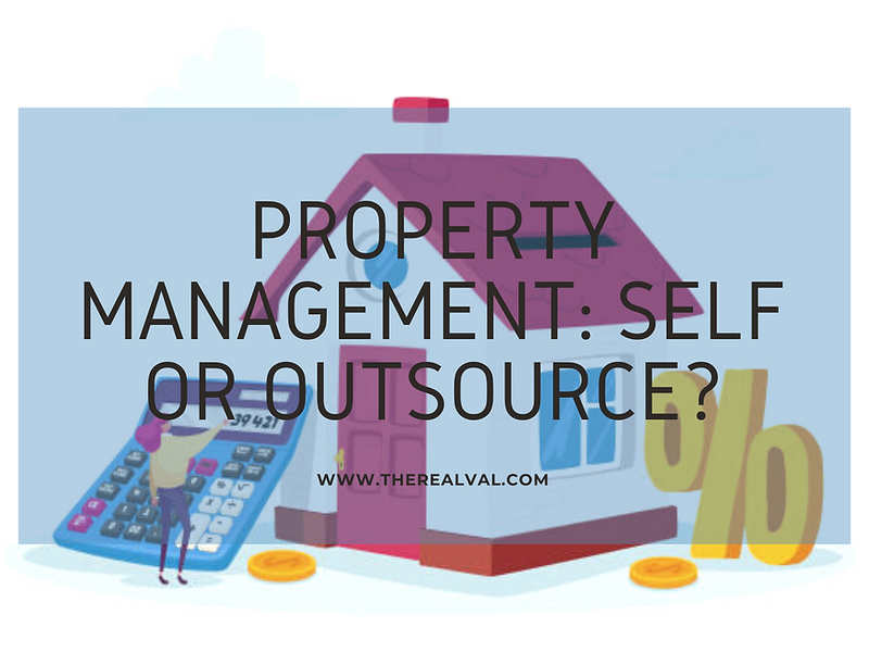 Illustration asking Property Management: Self or Outsource? with house and calculator in background.