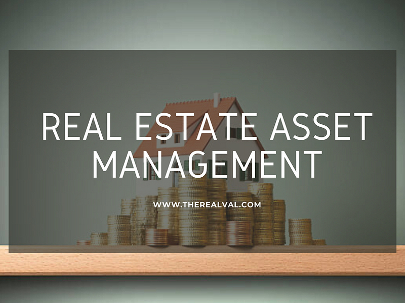 Real estate asset management text over model house and coin stacks, featuring therealval.com URL.