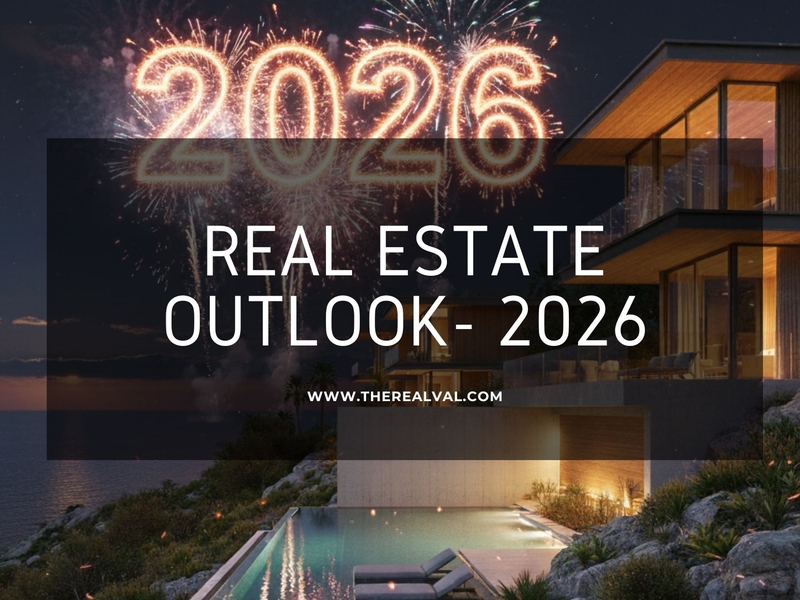 2026 real estate outlook with fireworks and modern house background, by therealval.com