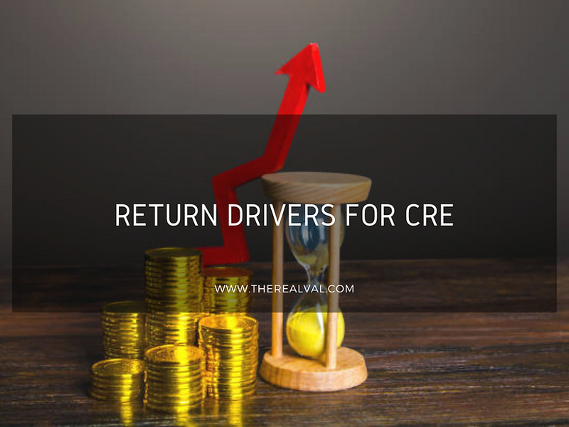 Stacks of coins, hourglass, and upward arrow depicting financial growth and Return Drivers for CRE text.