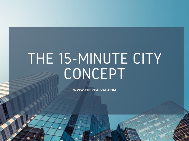 Skyscrapers with text overlay: 'The 15-Minute City Concept' promoting urban planning at therealval.com.