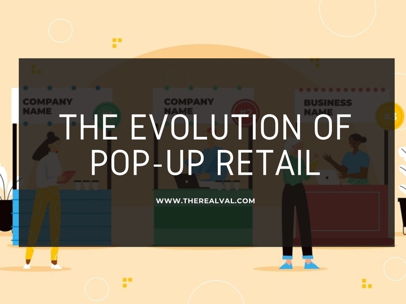Illustration depicting pop-up retail evolution with various vendor stalls and a central text overlay.