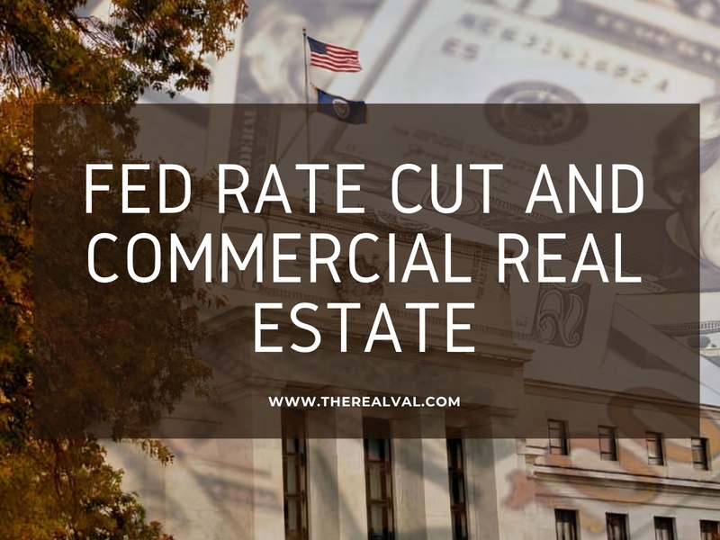 Federal Reserve rate cut's impact on commercial real estate market, financial background image.