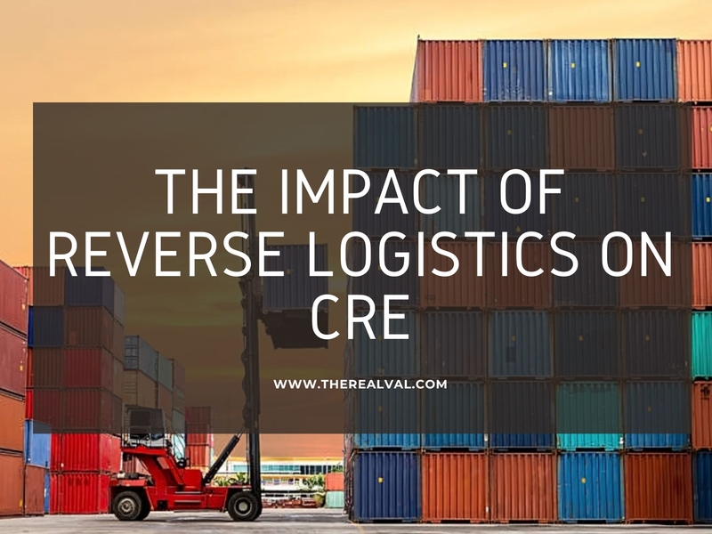 Stacked shipping containers with text overlay: The Impact of Reverse Logistics on CRE.