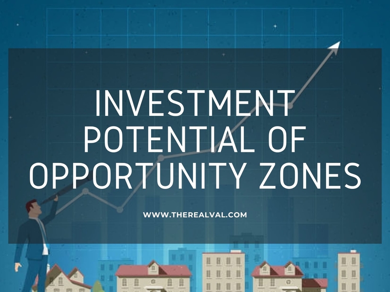Graph showing investment growth in opportunity zones with rising arrow and urban buildings.