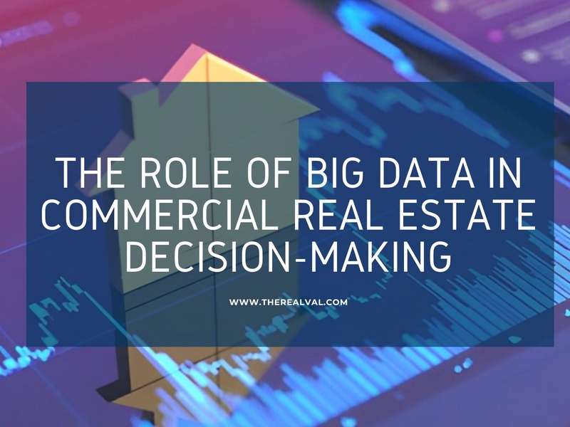 Big data's impact on commercial real estate decisions with a house icon and graphs in the background.