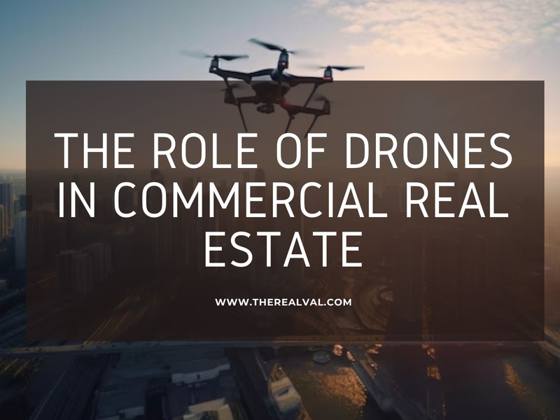 Drone flying over city skyline at sunset, highlighting its role in commercial real estate. Source: therealval.com.