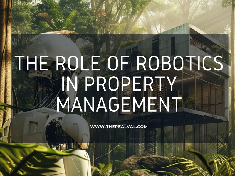 Robot analyzing futuristic building in forest, highlighting robotics' role in property management.