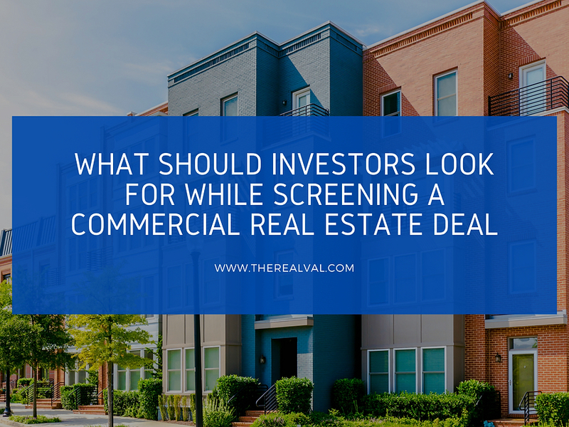 Commercial real estate investing tips for deal screening with a modern building background.