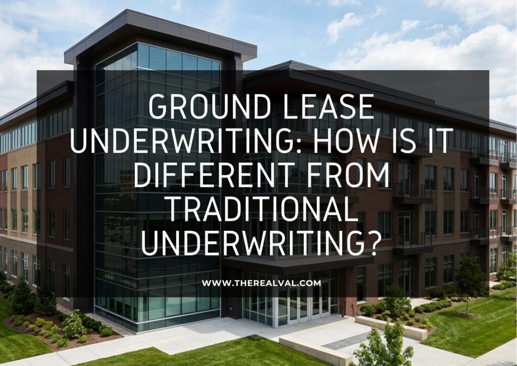 Some buildings with glass windows, gardem, and blue sky in the background. There is an overlay which mentions the text "Ground lease underwriting: how is it different from traditional underwriting?"