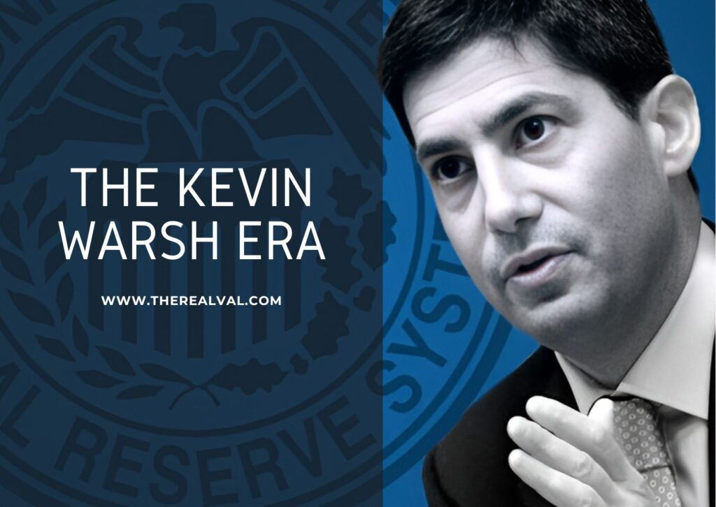 A picture of newly appointed Federal Reserve chairperson- Kevin Warsh, there is a logo of the Federal Reserve in the background